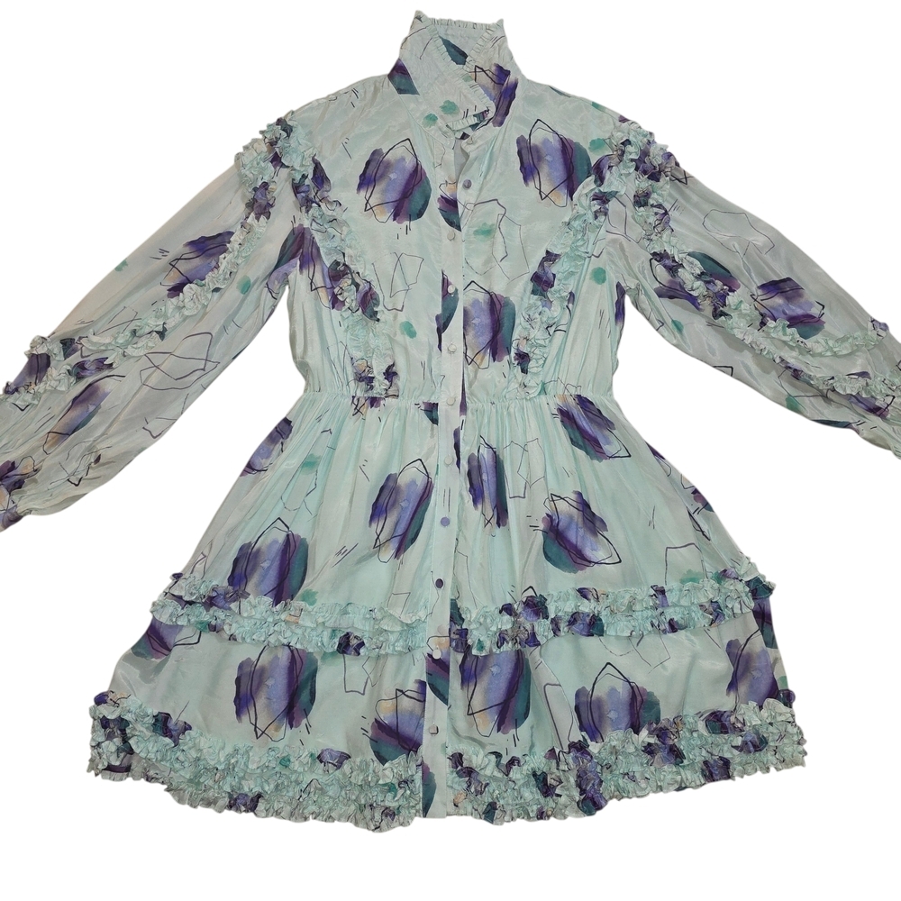 Elliatt "FOND" Ruffle Tiered Mini Dress Mint Watercolor Print Long Sleeve Size L - Picture 5 of 12